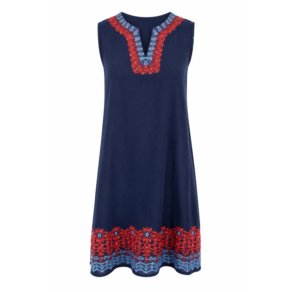 THML Navy Blue Embroidered Sleeveless Shift Dress Boho Resort Vacation Medium